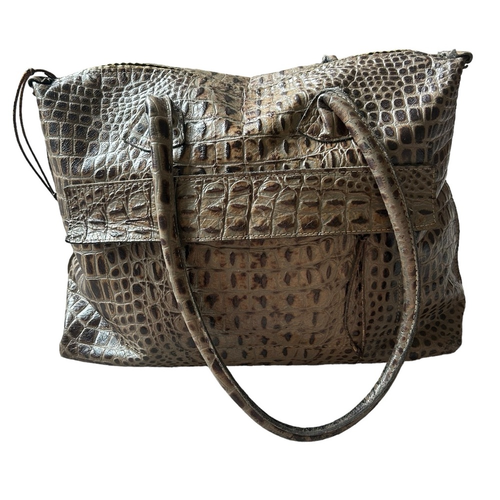 B. May crocodile embossed leather top handle leather bag large gray brown tote - Picture 2 of 11